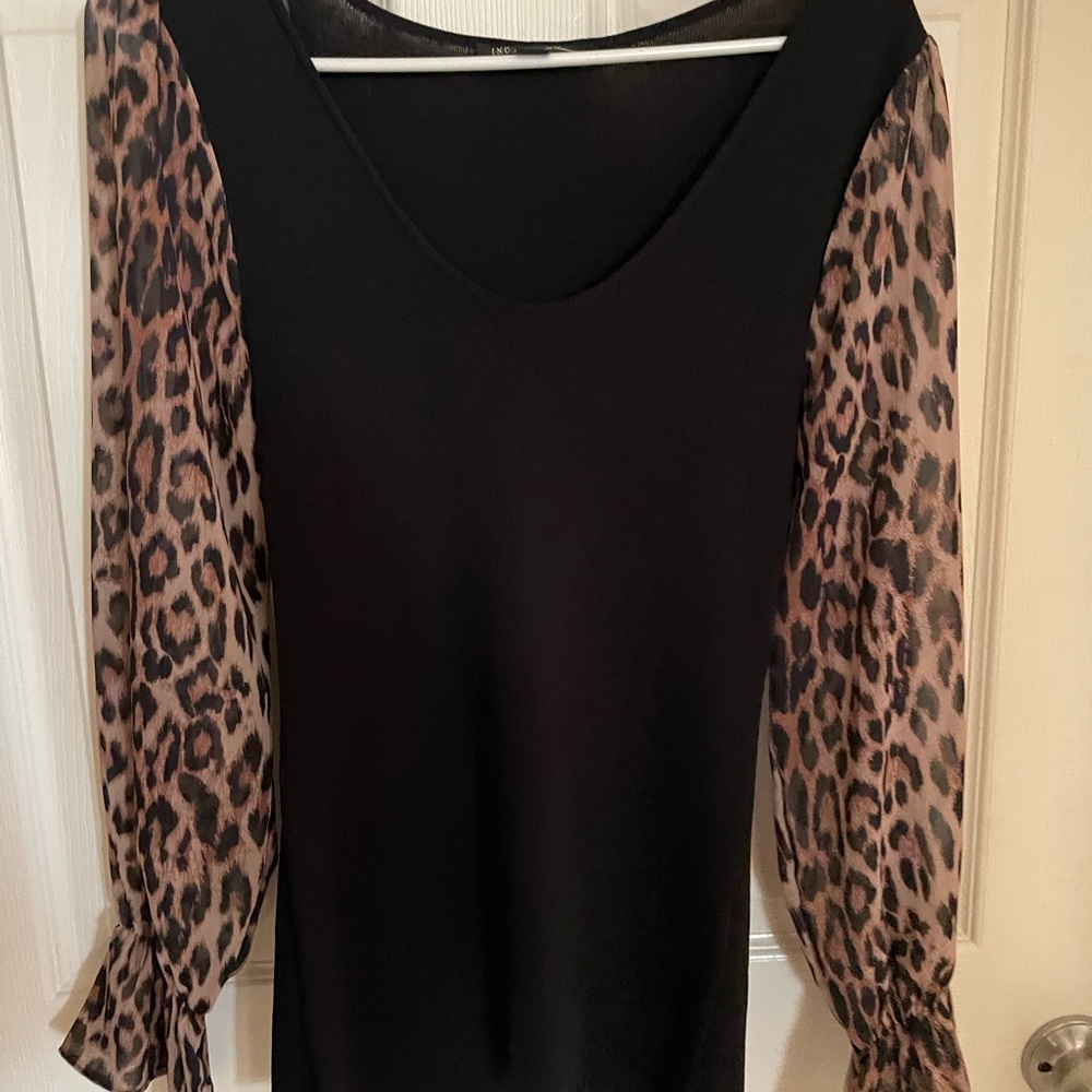 INC International Concepts Black sweater with Animal Print Sleeves